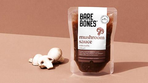 a pack of bare bones mushroom sauce as an example of two to three typefaces usage