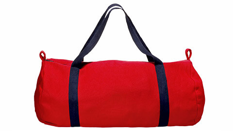 A side on image of a red, unbranded duffel bag