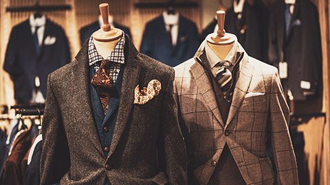 Close up of 2 suits in a high end clothier