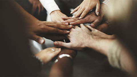 A group of people putting their hands together in the middle of a circle, signifying teamwork and solidarity