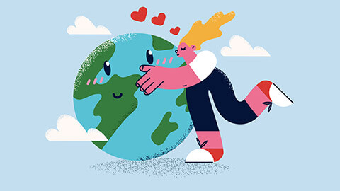 An illustration of a young person hugging the planet