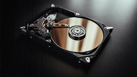 A hard drive with the cover removed