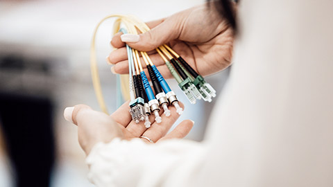 A close view of a person holidng several fibre optic cables