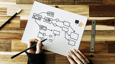 A software engineer writing a UML class diagram on paper