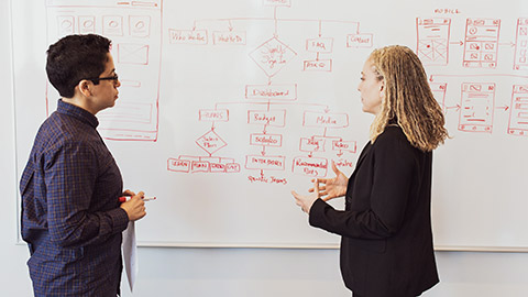 2 designers discussing a project on a whiteboard