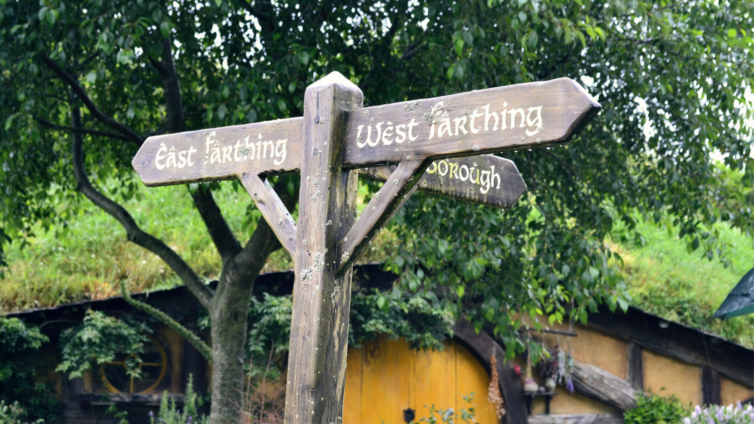 A sign post in Hobbiton, New Zealand