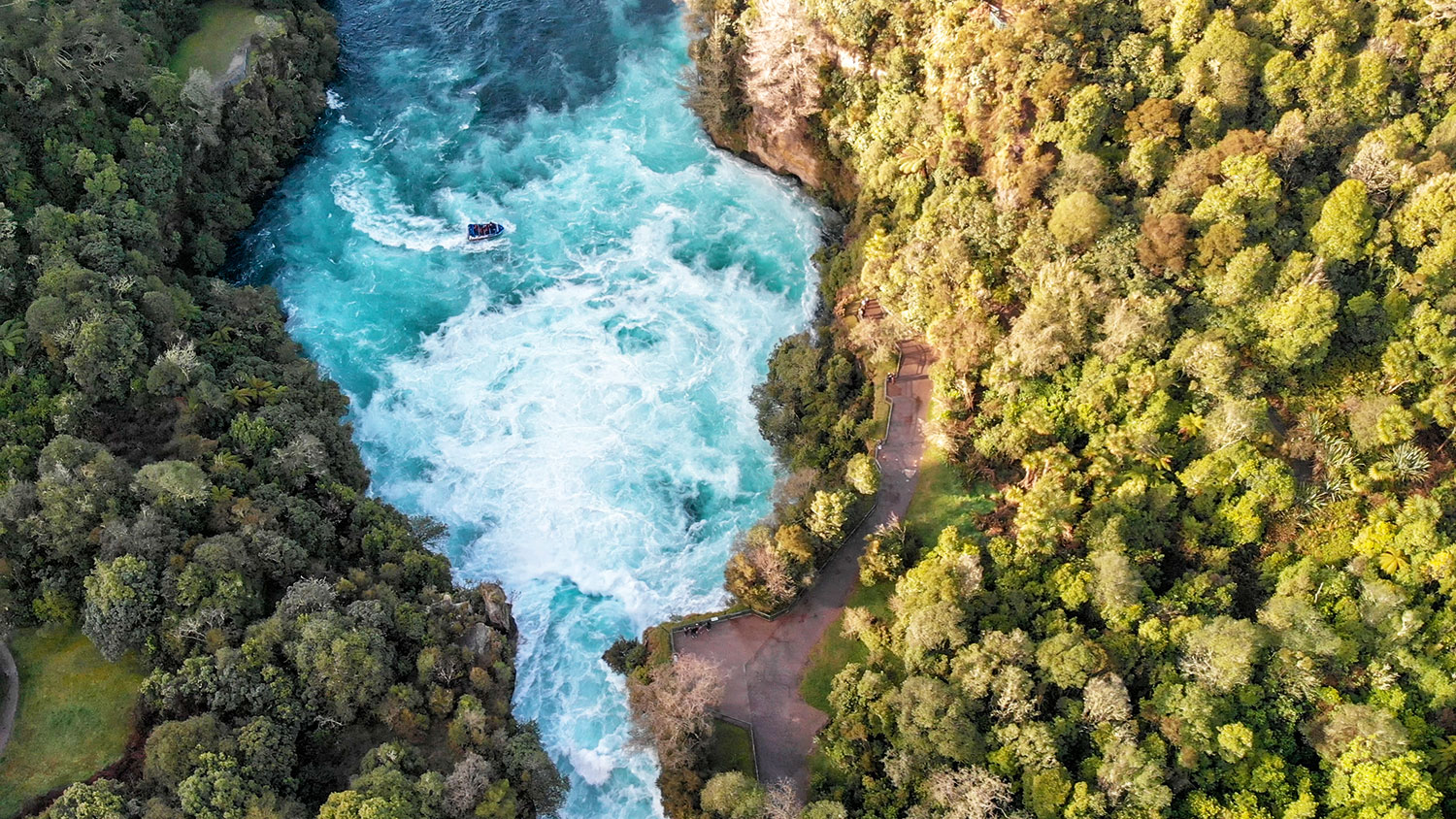 Aerial panoramic view of Huka Falls in Taupo, New Zealand.