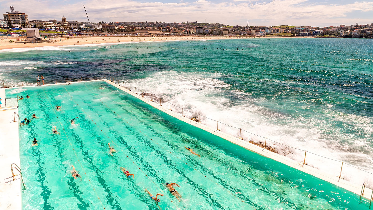 Bondi Beach, Sydney. Ocean with with people swimming.