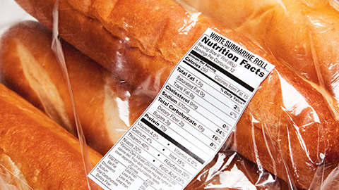 bag of bread rolls with nutrition label