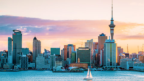 skycity complex on auckland harbour at sunset