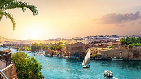 Boats on the Nile at sunset
