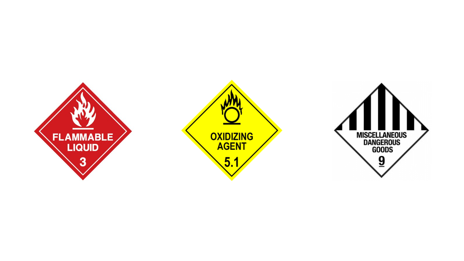 Three dangerous goods signs saying: Flammable liquid,Oxidizing agent, and Miscellaneous dangerous goods