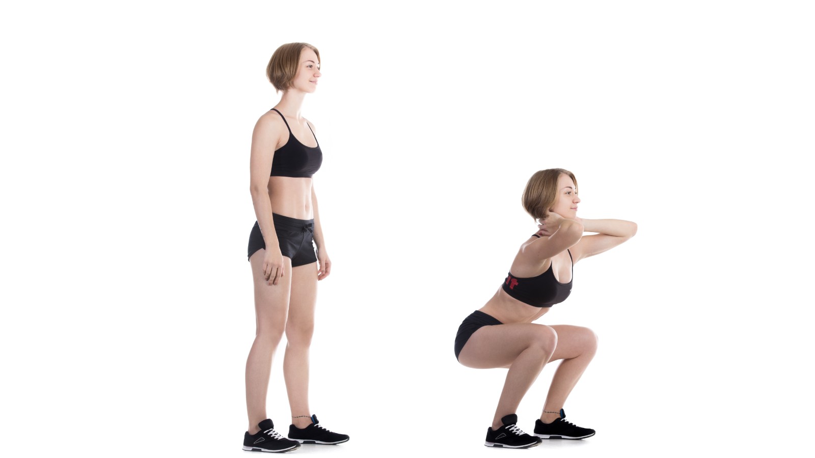 Woman in fitness attire demonstrating a squat exercise technique