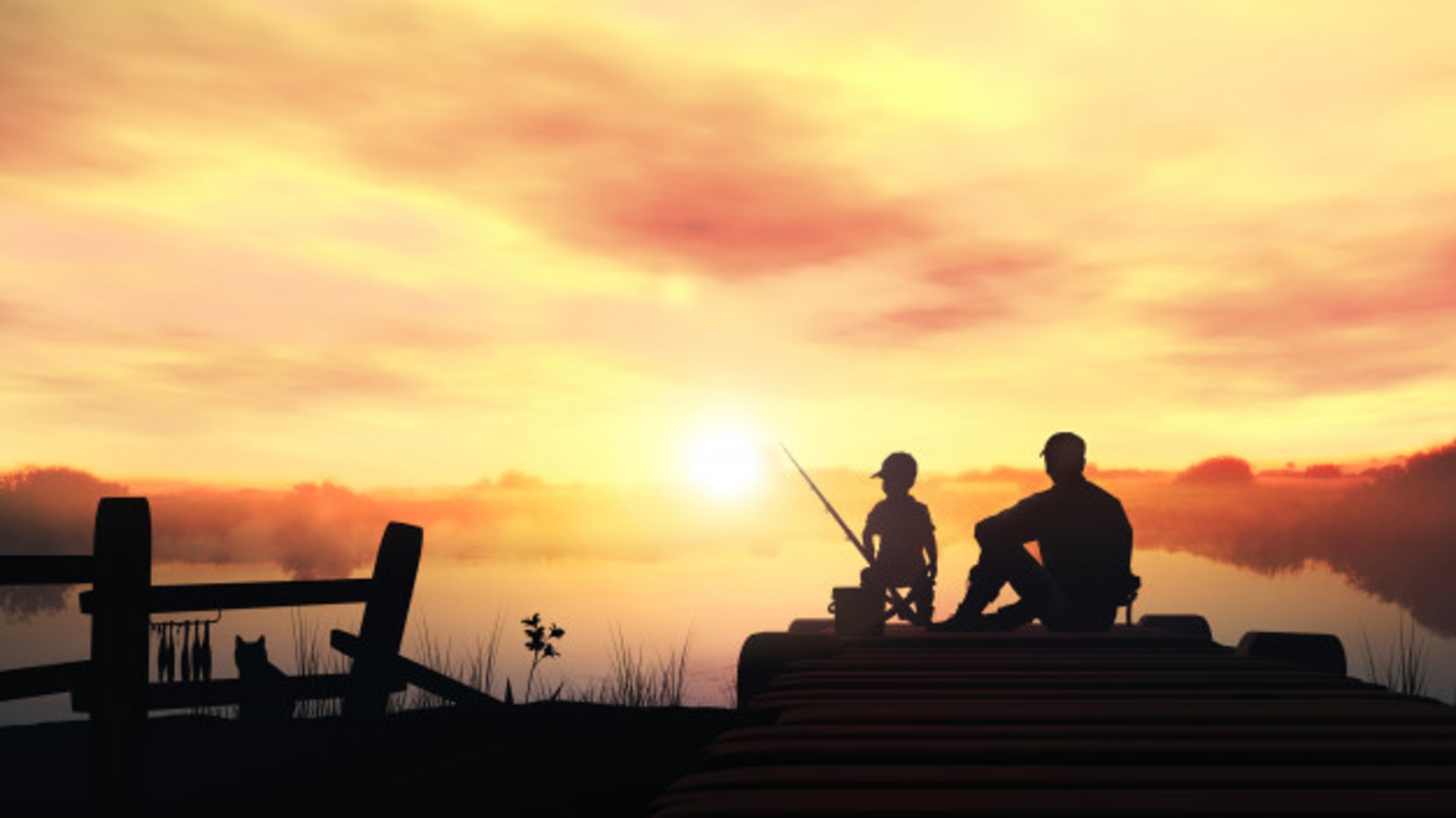 father and son morning fishing by lake