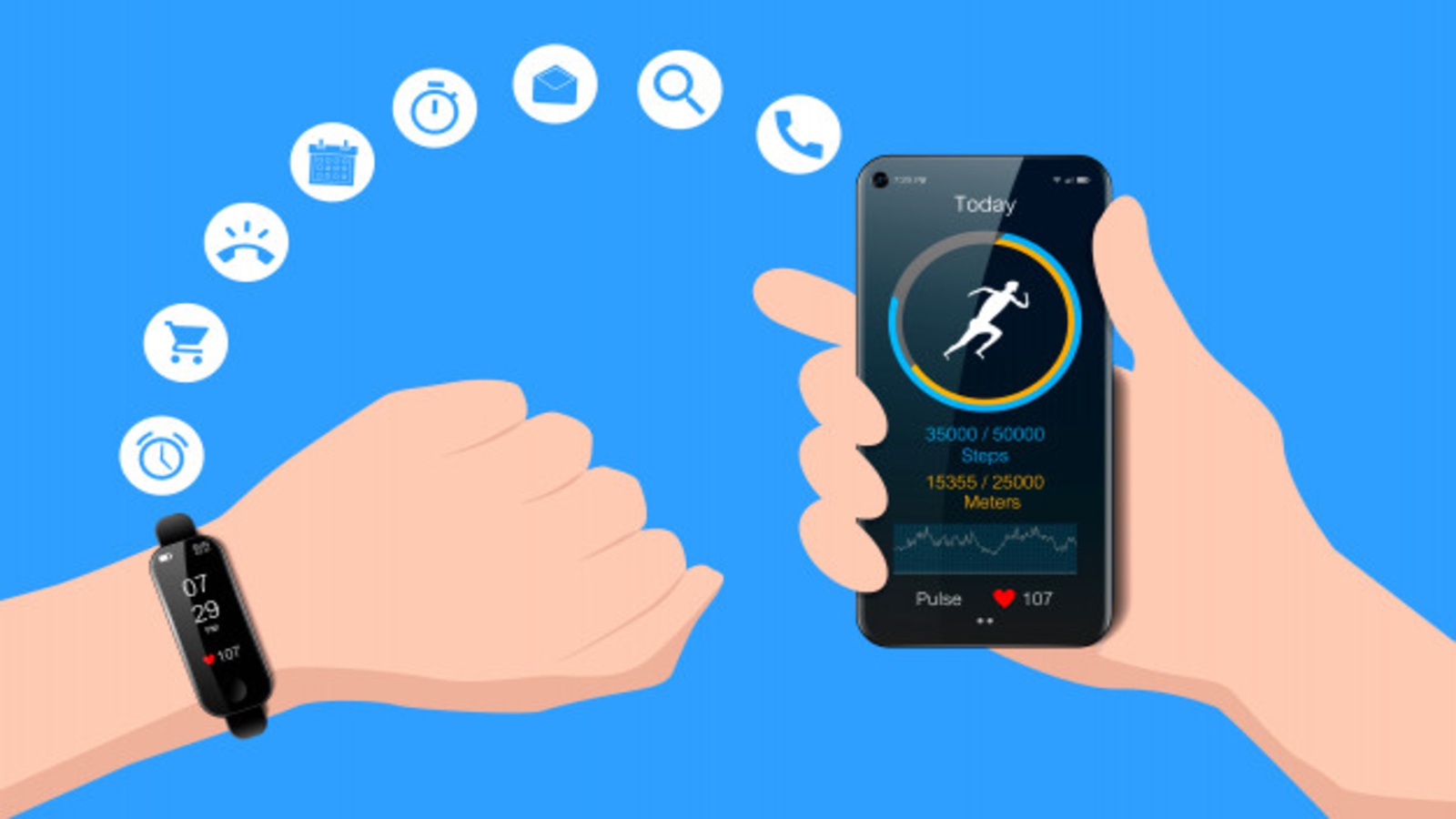 smart watch on a wrist and smart phone with fitness app icons