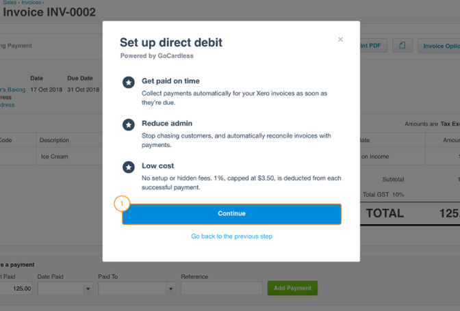 A screenshot of the dialogue window for set up direct debit