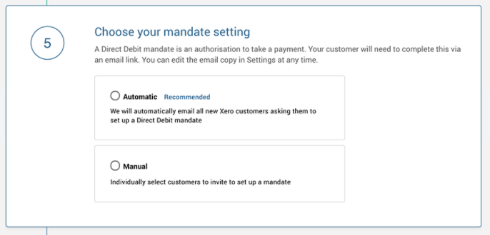 A screenshot of the Xero interface showing step 5- mandate settings