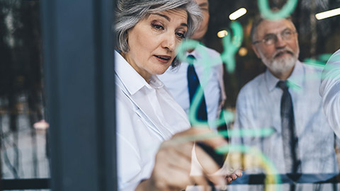 Accountant demonstrating accounting concepts to a small audience of peers