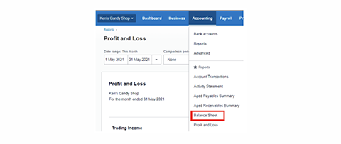 image of profit and loss tab